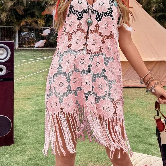 Pink Boho Women's Hollow Flower Tassel Decor V-Neck Sleeveless Tunic top - Picture 3 of 4